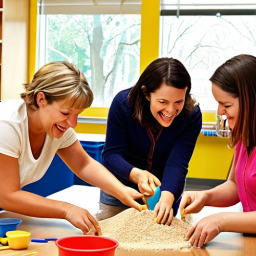 Home 23 **
A brightly colored classroom setting. Several adults (future educators) are engaging in a hands-on activity, such as creating art with recycled materials or playing with sensory bins filled with sand and water. The expressions on their faces are engaged and joyful. The scene should convey the idea of learning through play and tactile experiences. Include elements of the Reggio Emilia approach with natural light and organized materials. The overall style should be warm and inviting, like a modern French "crèche".
**