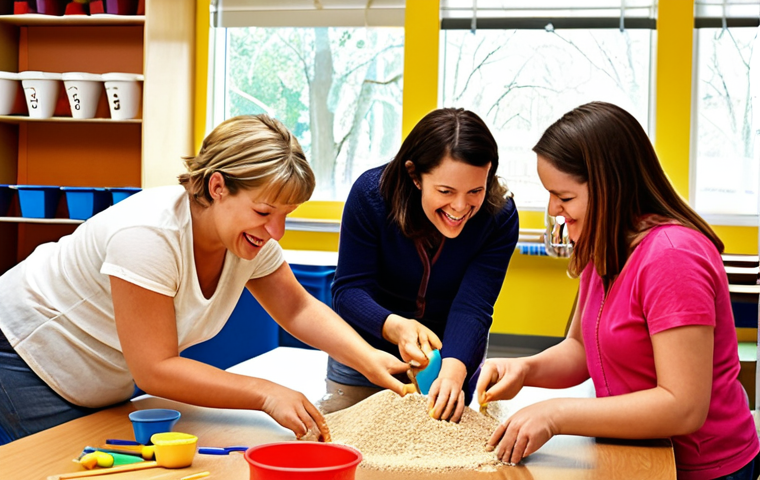 **
A brightly colored classroom setting. Several adults (future educators) are engaging in a hands-on activity, such as creating art with recycled materials or playing with sensory bins filled with sand and water. The expressions on their faces are engaged and joyful. The scene should convey the idea of learning through play and tactile experiences. Include elements of the Reggio Emilia approach with natural light and organized materials. The overall style should be warm and inviting, like a modern French "crèche".
**