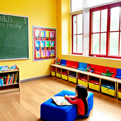 Home 22 **Prompt:** A brightly colored classroom with dedicated learning areas. Children's artwork adorns the walls alongside educational posters. A comfortable reading nook features cushions and a variety of books. Sunlight streams through the windows, creating a warm and inviting atmosphere. Focus on a mixed group of children actively engaged in different learning activities, such as drawing, reading, and building with blocks. Style: Illustration, vibrant colors, focus on detail and positive energy.