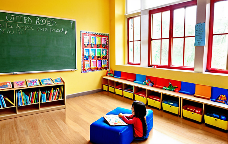 **Prompt:** A brightly colored classroom with dedicated learning areas. Children's artwork adorns the walls alongside educational posters. A comfortable reading nook features cushions and a variety of books. Sunlight streams through the windows, creating a warm and inviting atmosphere. Focus on a mixed group of children actively engaged in different learning activities, such as drawing, reading, and building with blocks. Style: Illustration, vibrant colors, focus on detail and positive energy.