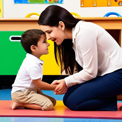 Home 21 **
A caring educator actively listening to a young child in a preschool setting. The child is animatedly telling a story, while the educator is kneeling to be at eye level, maintaining eye contact, and displaying a warm and empathetic expression. The background is a bright, colorful classroom with toys and learning materials, suggesting a safe and nurturing environment.
**