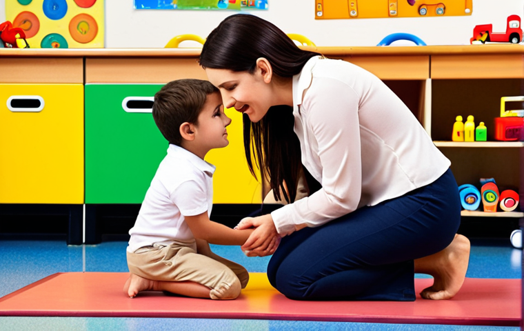 **
A caring educator actively listening to a young child in a preschool setting. The child is animatedly telling a story, while the educator is kneeling to be at eye level, maintaining eye contact, and displaying a warm and empathetic expression. The background is a bright, colorful classroom with toys and learning materials, suggesting a safe and nurturing environment.
**