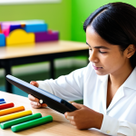 A focused female early childhood educator, dressed in professional and modest attire, thoughtfully reviewing academic research on a digital tablet. She is seated at a clean, modern wooden table in a brightly lit early childhood education center, surrounded by colorful, age-appropriate educational materials and soft natural light. The background shows blurred elements of a playful, safe classroom environment. fully clothed, appropriate attire, safe for work, professional, perfect anatomy, correct proportions, natural pose, well-formed hands, proper finger count, natural body proportions, professional photography, high quality, appropriate content, family-friendly.