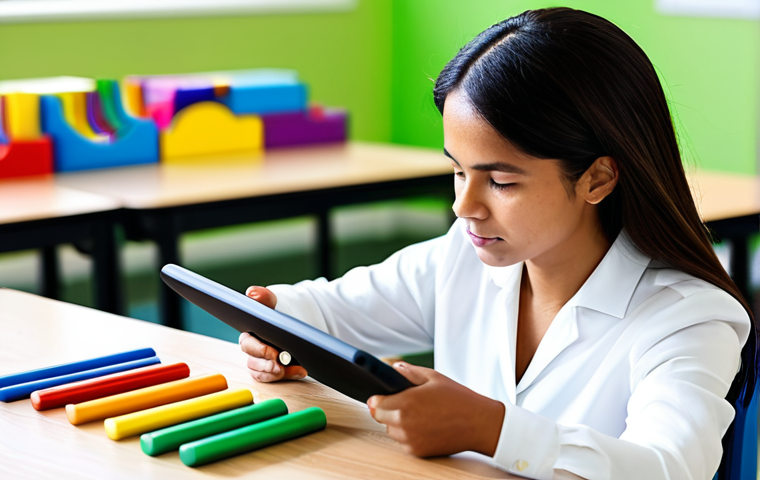 A focused female early childhood educator, dressed in professional and modest attire, thoughtfully reviewing academic research on a digital tablet. She is seated at a clean, modern wooden table in a brightly lit early childhood education center, surrounded by colorful, age-appropriate educational materials and soft natural light. The background shows blurred elements of a playful, safe classroom environment. fully clothed, appropriate attire, safe for work, professional, perfect anatomy, correct proportions, natural pose, well-formed hands, proper finger count, natural body proportions, professional photography, high quality, appropriate content, family-friendly.