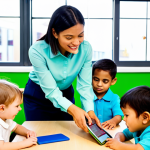 A professional female early childhood educator, wearing a modest, smart business casual outfit including a tailored blouse and trousers. She is in a bright, modern urban daycare center classroom, featuring large activity spaces, colorful educational tools, interactive digital screens, and child-friendly furniture. A small indoor green wall or rooftop garden area is visible through a large window. She is gently guiding a group of diverse young children (ages 2-4) who are engaged in a structured learning activity, possibly looking at an educational tablet together or building with innovative blocks. The children are also fully clothed and appropriately dressed. Professional photography, high detail, realistic, perfect anatomy, correct proportions, natural pose, well-formed hands, proper finger count, natural body proportions, safe for work, appropriate content, fully clothed, professional.