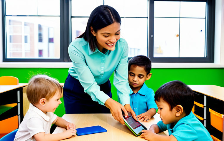 A professional female early childhood educator, wearing a modest, smart business casual outfit including a tailored blouse and trousers. She is in a bright, modern urban daycare center classroom, featuring large activity spaces, colorful educational tools, interactive digital screens, and child-friendly furniture. A small indoor green wall or rooftop garden area is visible through a large window. She is gently guiding a group of diverse young children (ages 2-4) who are engaged in a structured learning activity, possibly looking at an educational tablet together or building with innovative blocks. The children are also fully clothed and appropriately dressed. Professional photography, high detail, realistic, perfect anatomy, correct proportions, natural pose, well-formed hands, proper finger count, natural body proportions, safe for work, appropriate content, fully clothed, professional.