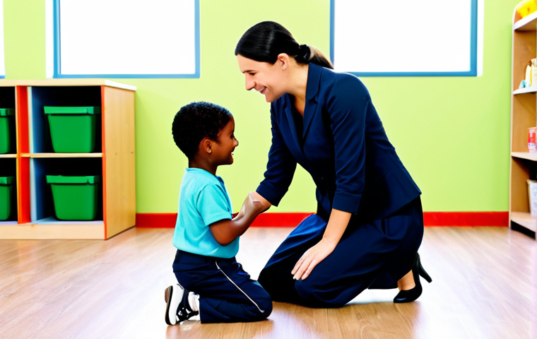 Ethical Dilemma in a Daycare**
"A female daycare worker, fully clothed in modest professional attire, kneels to comfort a child in a bright, cheerful daycare setting. Another daycare worker is in the background, looking concerned. The scene conveys empathy and problem-solving. Safe for work, appropriate content, perfect anatomy, well-formed hands, natural body proportions, family-friendly, high quality."
**
