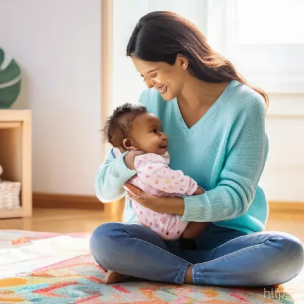 유아교육지도사로서의 언어 발달 교육법 - **Prompt:** A tender scene featuring a loving parent (a woman in her early 30s with kind eyes, weari...