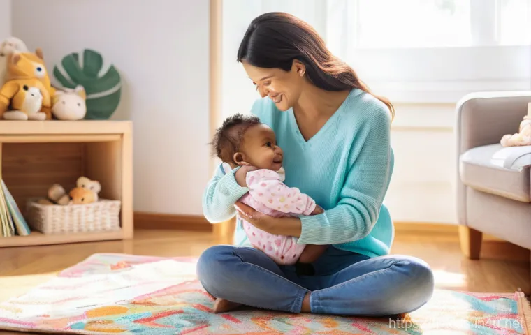 유아교육지도사로서의 언어 발달 교육법 - **Prompt:** A tender scene featuring a loving parent (a woman in her early 30s with kind eyes, weari...