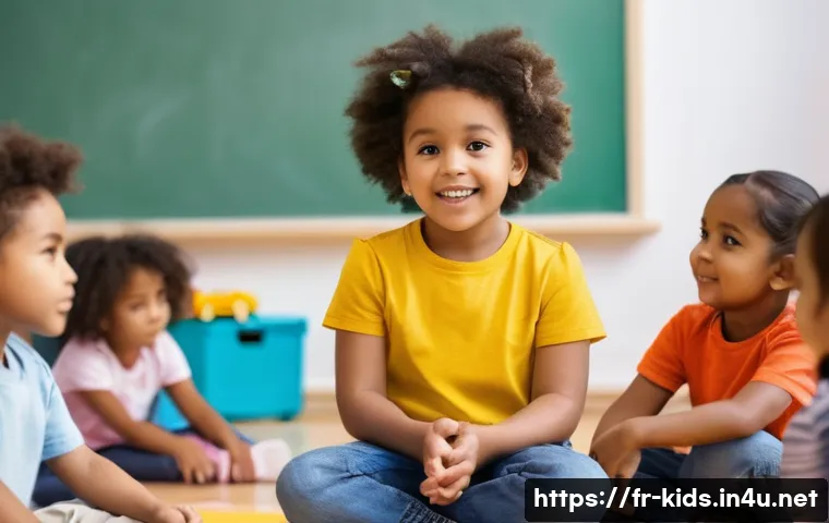 유아교육지도사 업무 중 소통 능력 개발 - **Prompt:** A heartwarming scene in a brightly lit early childhood classroom, focusing on a diverse ...