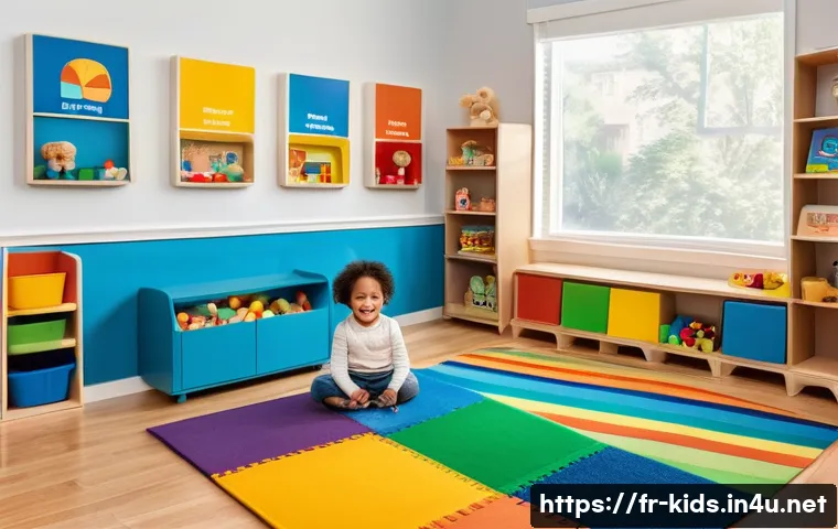 유아교육지도사 교육 철학 정립을 위한 팁 - A warm, inviting early childhood classroom designed for toddlers, featuring safe, colorful play corn...