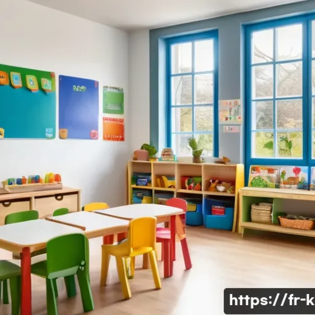 유아교육지도사로서의 교육 정책 이해 - A bright and welcoming French preschool classroom filled with diverse children aged 3 to 6 years, en...
