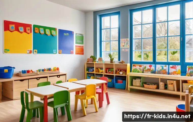 유아교육지도사로서의 교육 정책 이해 - A bright and welcoming French preschool classroom filled with diverse children aged 3 to 6 years, en...