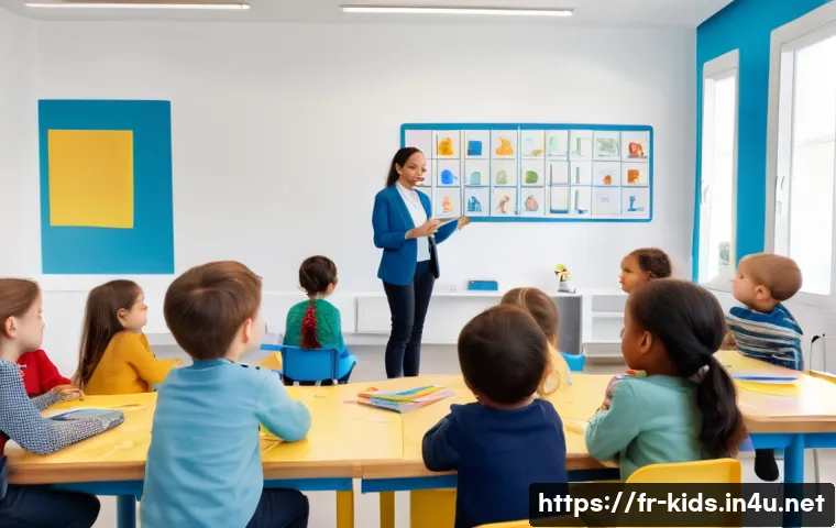 유아교육지도사 자격증 유지 요건 분석 - A professional early childhood educator in a bright, modern French daycare classroom, wearing modest...