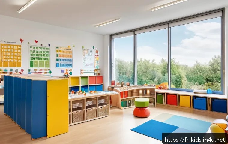 유아교육지도사 강의 준비를 위한 효율적인 방법 - A bright and spacious early childhood classroom in France, designed with distinct zones for differen...