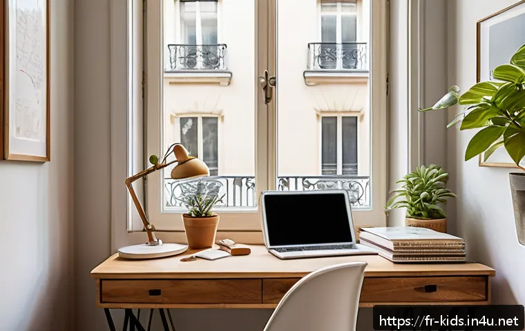 유아교육지도사 자격증 취득 시 유리한 학습법 - A bright, organized study corner in a modern French apartment, featuring a tidy wooden desk with a l...