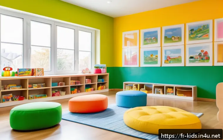 유아교육지도사 실습 중 겪은 어려움과 해결책 - A bright and welcoming early childhood classroom in a French daycare setting, featuring cozy calm zo...