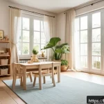 Home 18 유아교육지도사 업무 스트레스 관리법 - A peaceful, well-organized early childhood educator’s workspace in a modern French nursery setting, ...
