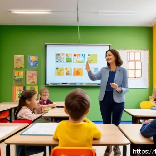Home 17 유아교육지도사 강의 녹화 및 활용법 - A modern preschool classroom scene in France, showing a teacher recording an interactive educational...