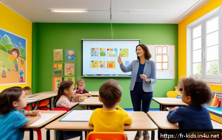 유아교육지도사 강의 녹화 및 활용법 - A modern preschool classroom scene in France, showing a teacher recording an interactive educational...