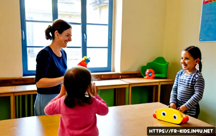 유아교육지도사 강의 중 발생한 에피소드 - Photorealistic French early childhood education workshop in a bright preschool classroom, a warm fem...