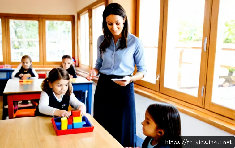 유아교육지도사 강의 중 활용할 수 있는 교육 기법 - Photorealistic early childhood education workshop in a bright French preschool classroom, a warm fem...
